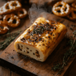Smoked cream cheese on cedar plank with pretzels