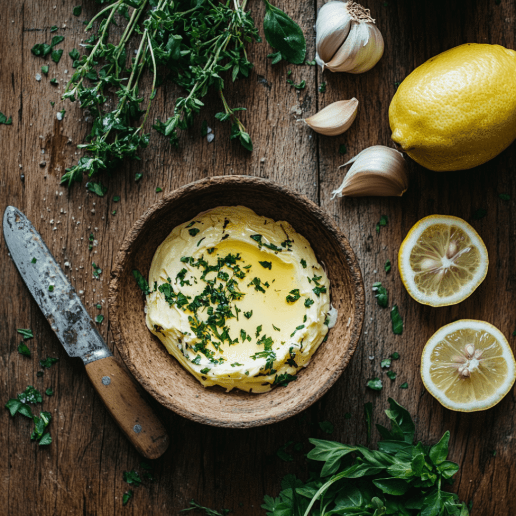 Cowboy Butter in rustic bowl with herbs and garlic