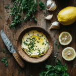 Cowboy Butter in rustic bowl with herbs and garlic