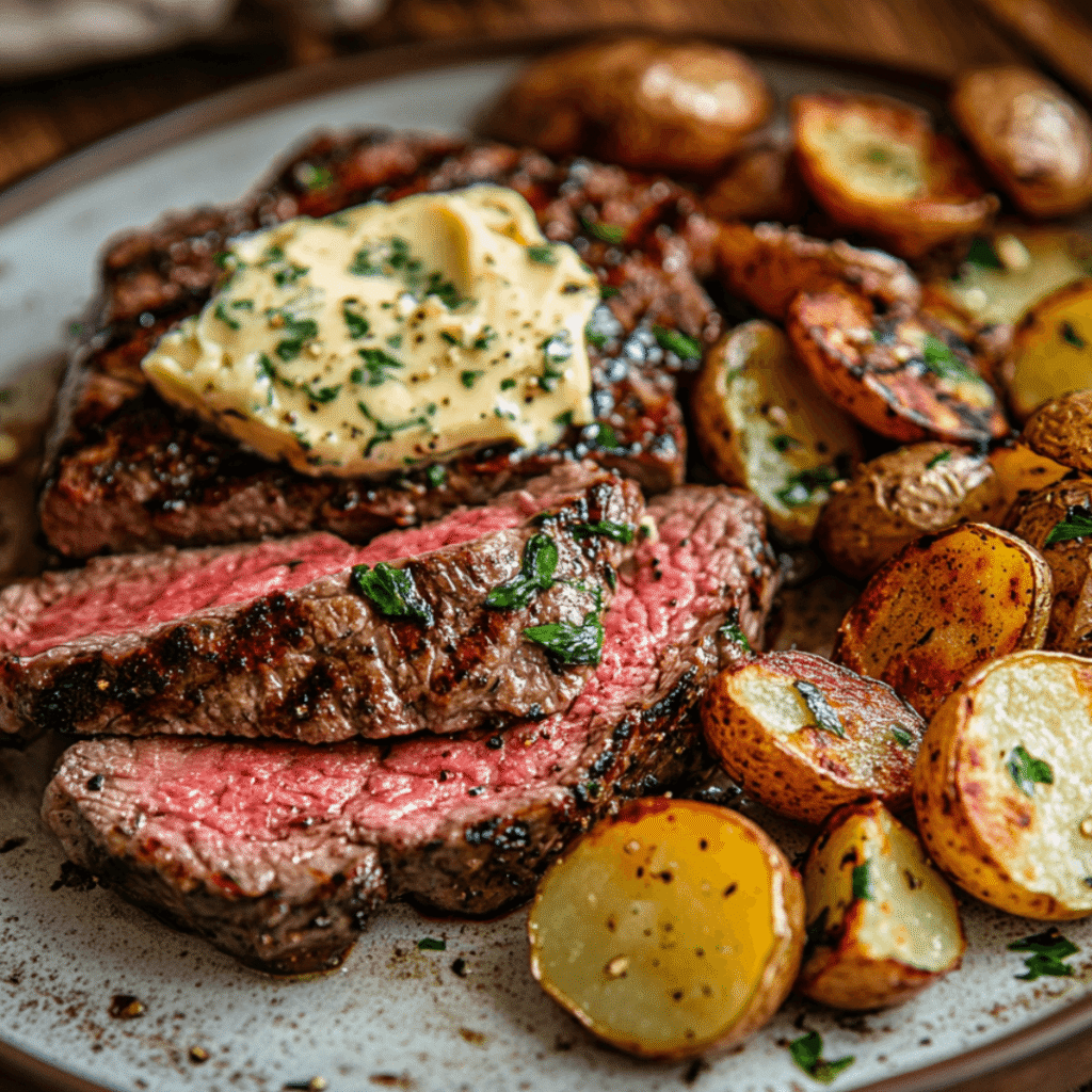 Cowboy Butter served with grilled steak and potatoes