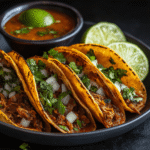 plated smoked birria tacos with consommé