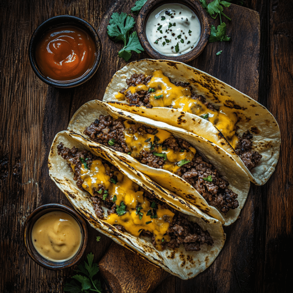 Smash burger tacos on rustic table with cheese and sauces