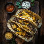Smash burger tacos on rustic table with cheese and sauces