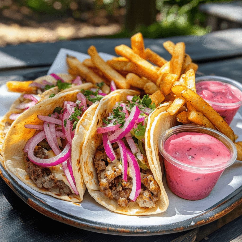 Served smash burger tacos with toppings and fries