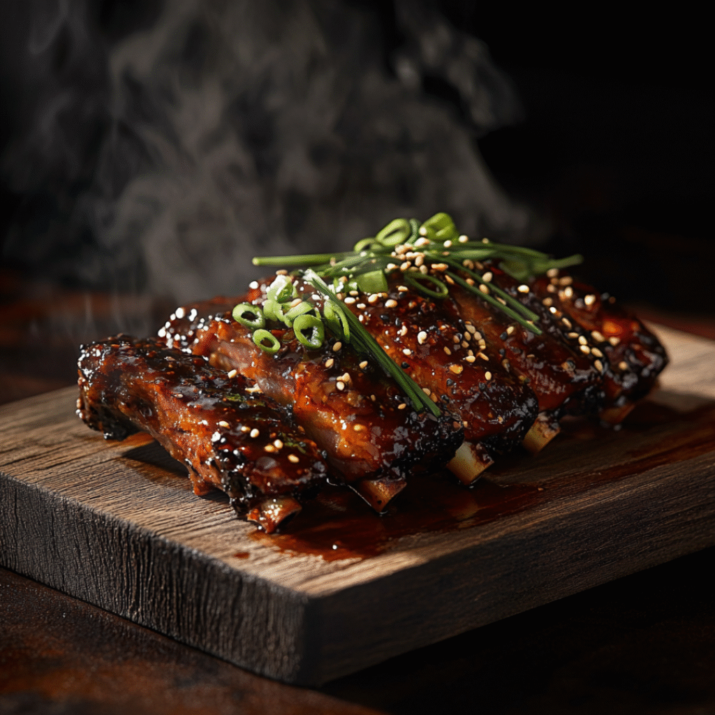 Korean Gochujang BBQ Ribs on Wooden Board