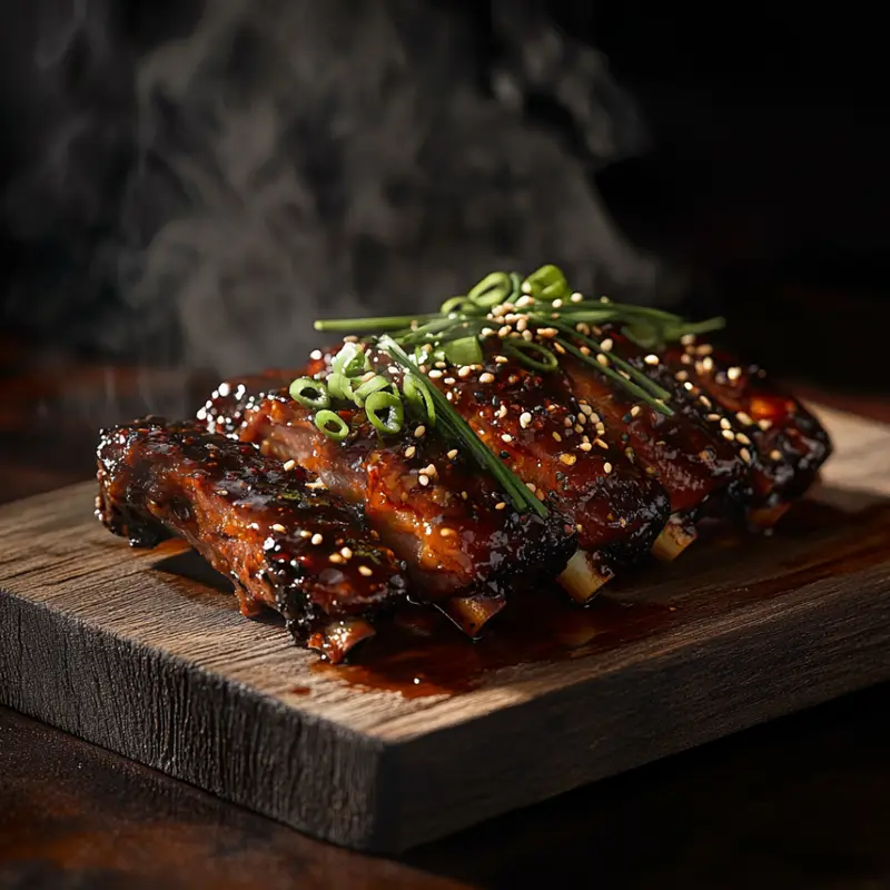 Korean Gochujang BBQ Ribs on Wooden Board