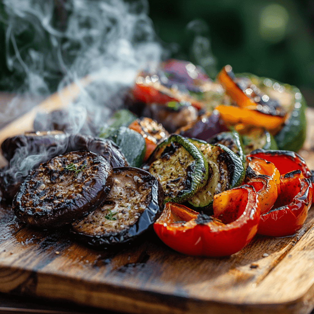 smoked vegetables on rustic platter with wood smoke