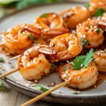 honey sriracha shrimp skewers grilled and served with lime
