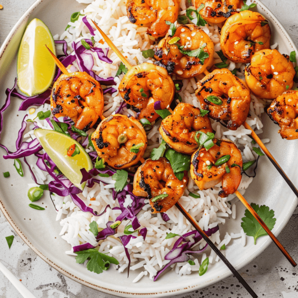 honey sriracha shrimp skewers served with rice and salad