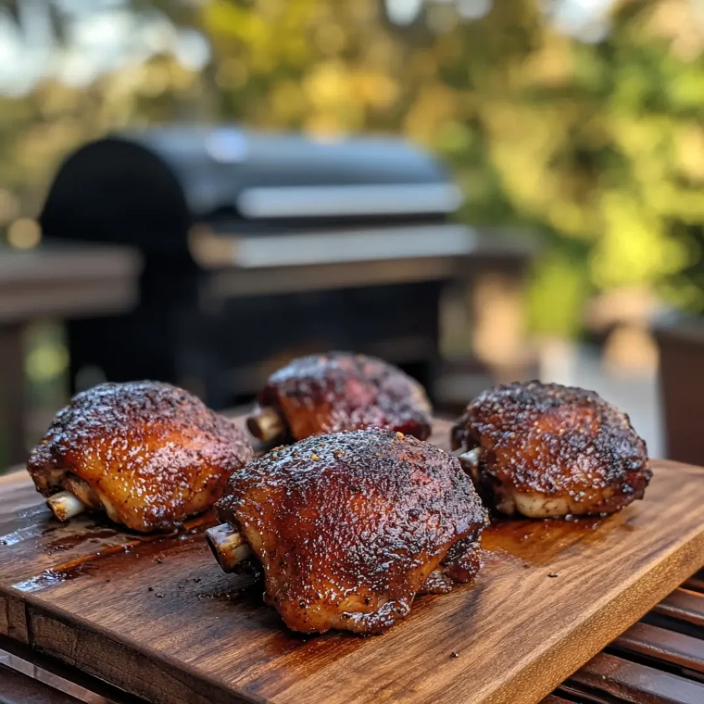 smoked chicken thighs on wooden board