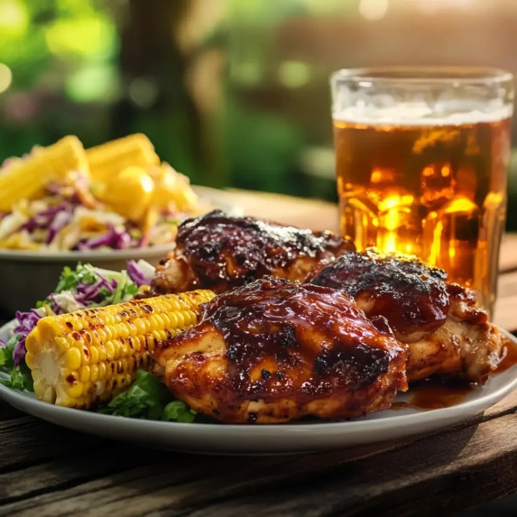 Barbecue peach chicken served with summer sides